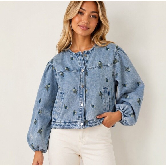Pilcro Jackets & Blazers - Pilcro Anthropologie Collarless Embroidered Denim Swing Jacket Women's S Floral